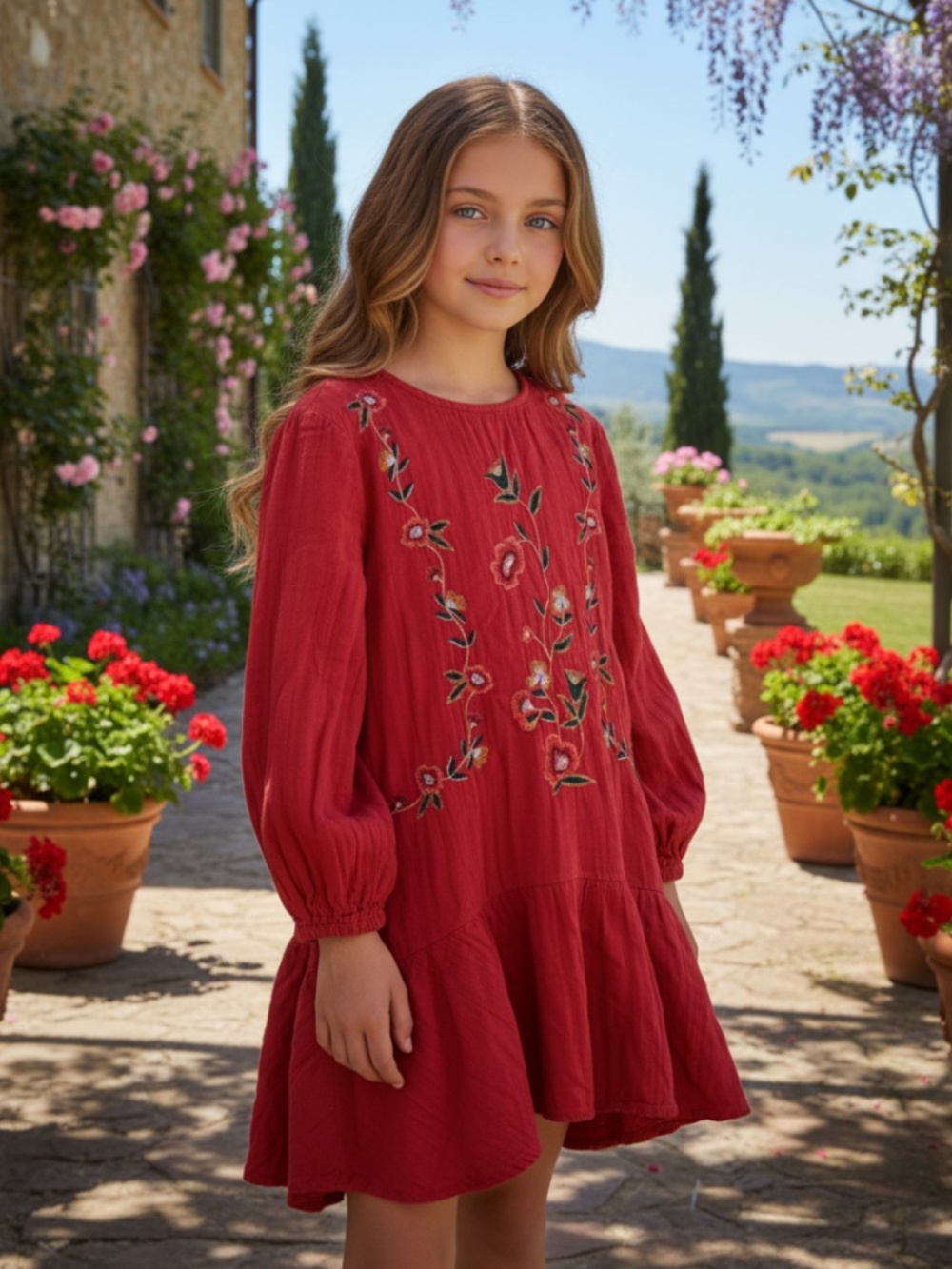 Zara Dress Girls Sz 7 Red Floral Embroidered Boho Drop Waist Ruffle Romantic